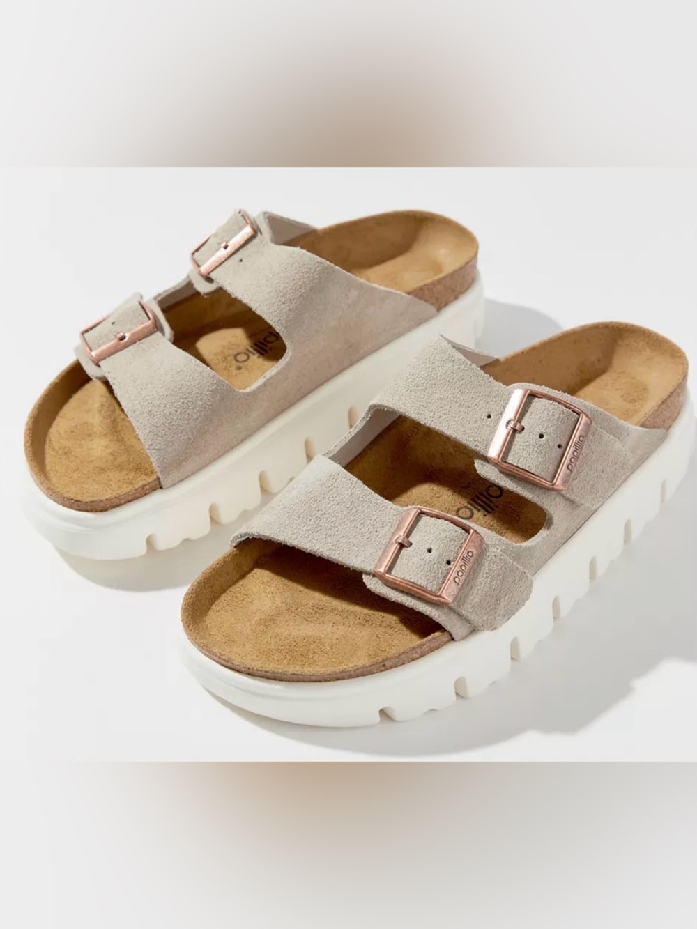 Birkenstock Platform Suede Sandals in Light Beige with Rose Gold Buckles